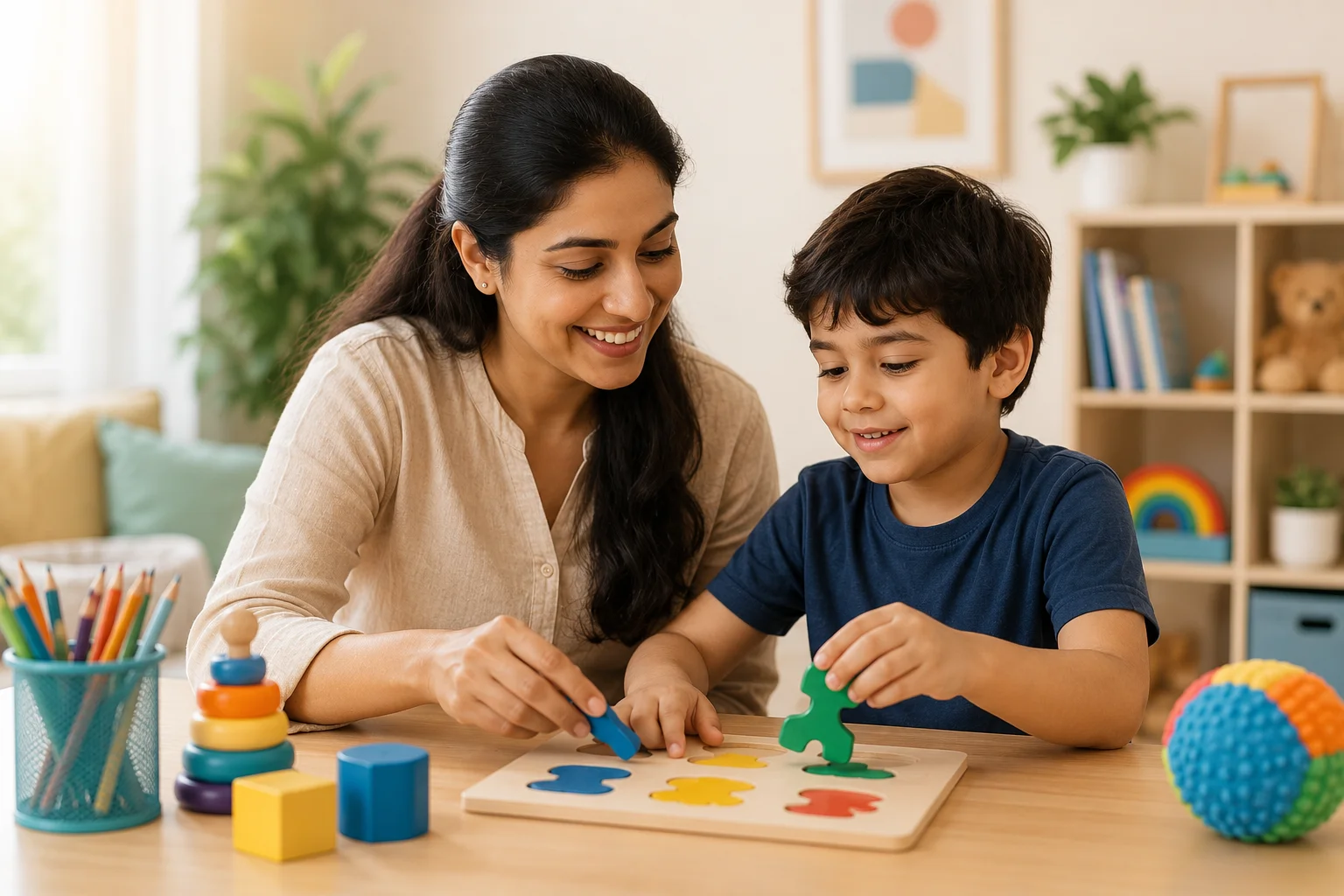 Patient tutor doing visual and hands-on learning with a child with Down Syndrome in Lucknow