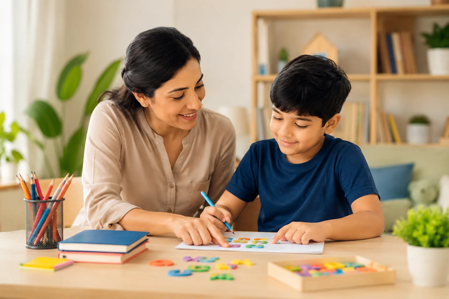 Special educator doing structured activity-based learning with a child with Intellectual Disability in Lucknow
