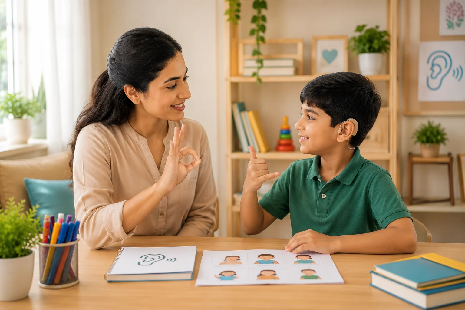 Tutor working with a visually impaired student using tactile learning materials and braille in Lucknow