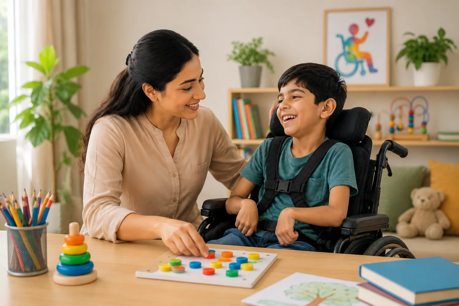 Special educator working with a child with Cerebral Palsy using colourful learning materials in Lucknow