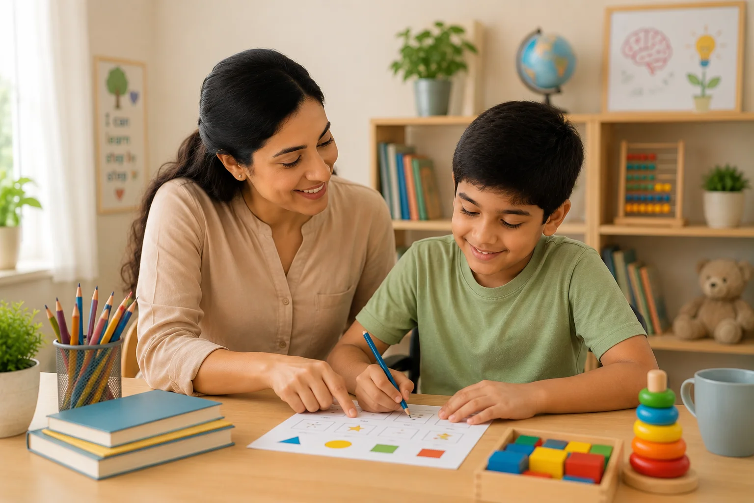 Handwriting tutor helping child improve writing technique and letter formation in Lucknow